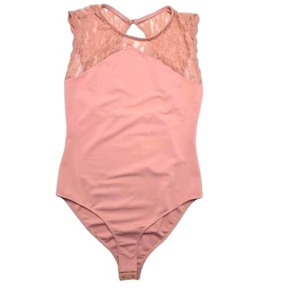Oh Yes Pink Romantic Lace Top Cheeky Sleeveless Pearl Button Bodysuit Large - Picture 1 of 6